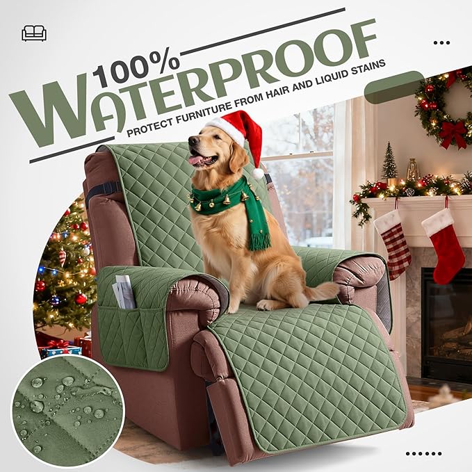 KinCam 100% Waterproof Recliner Chair Cover, Reclining Couch Covers for Pets, Dogs, Recliner Couch Slipcover Furniture Protector with Elastic Straps for Kids(25", Cactus Green)