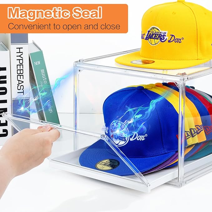 Hat Storage Box for Baseball Cap, Large Clear Hats Organizer Container with Sliding Tray Drawer, Stackable Caps Display Case with Magnetic Door for Closet Holds 8-10 Hats 1Pack