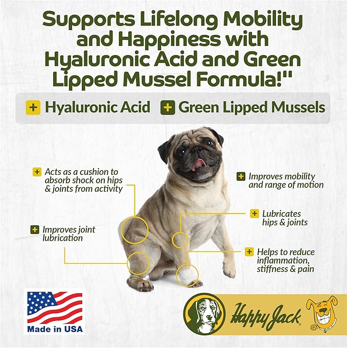 HAPPY JACK Flexenhance Dog Hip and Joint Supplement with Skin & Coat Support Plus (80 Chewable Tabs), Improve Flexibility & Mobility, Glucosamine, Green Lipped Mussel, Fish Oil