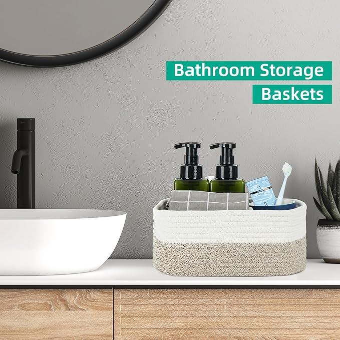 Bidtakay Small Cotton Rope Storage Baskets for Organizing 3 Pack Woven Baskets for Storage Closet Organizer Bins for Shleves 11.8×7.8×5 inch Cute Boho Decorative Basket with Handles - White&Tan