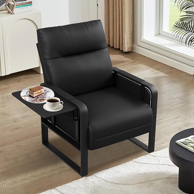 Modern Black Accent Chair PU Leather Upholstered Armchair with Tray Table for Bedroom Living Room Chairs Office Chair