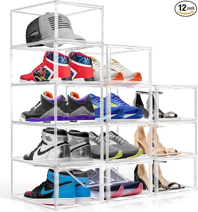 12 Pack Drop-Front Clear Shoe Storage Box Acrylic Box Shoe Organizer Size 13, Stackable Shoe Tower with Magnetic Door Large Storage Bins for Sneaker Containers Display & Closet Organization