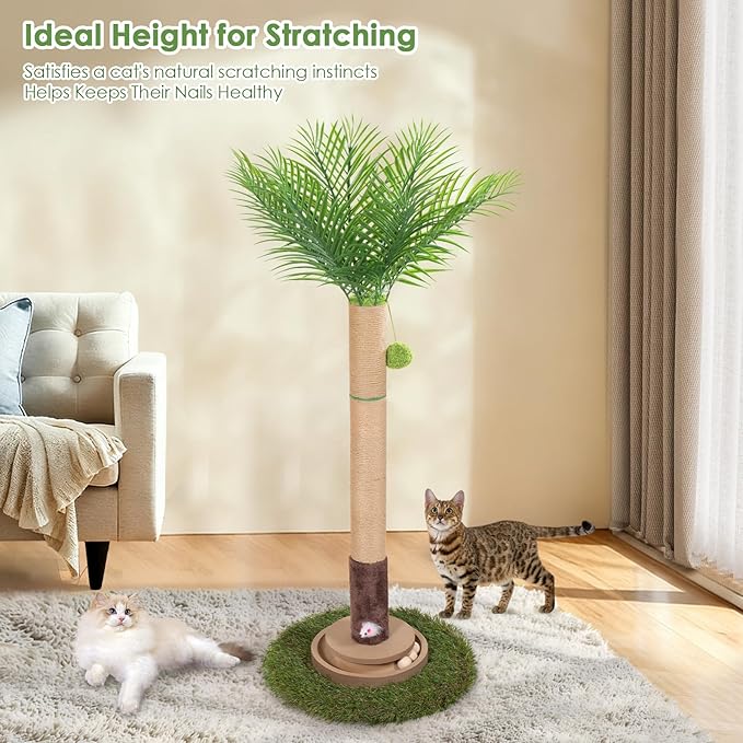 Cat Scratching Post, 35 Inch Tall Cat Scratcher Cat Tree Tower with Hanging Ball for Indoor Cats Adults,Sisal Rope Kitten Scratch with Interactive Mouse Cat Toy (41in, Areca Palm)