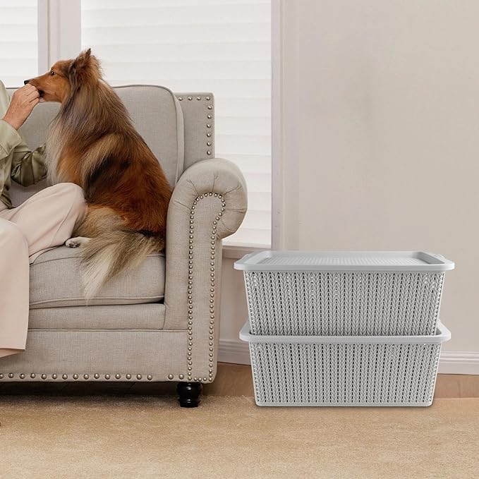 Geyecete Dog toy basket storage bins Stackable Plastic Pantry Bins with Lids Storage Basket torage bins with lids Pet/Pet Toy Storage Bin Doy Toy Box(2 PACK)