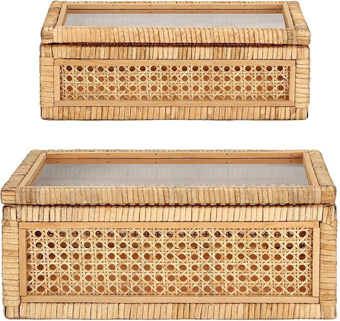 Amyhill Set of 2 Rattan Box Rattan with Glass Lids Decorative Woven Cane Boxes Multipurpose Square Basket for Home Shelf Organizer(15.4 x 9.5 x 7.1 Inch, 12.6 x 6.7 x 4.3 Inch)
