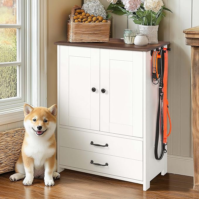 Pet Feeding Station with Storage Cabinet - Dog Food Organizer with Pull-Out Drawers, Adjustable Height Bowls & 3 Hooks - 23.6” Pet Storage Cabinet for Dogs & Cats