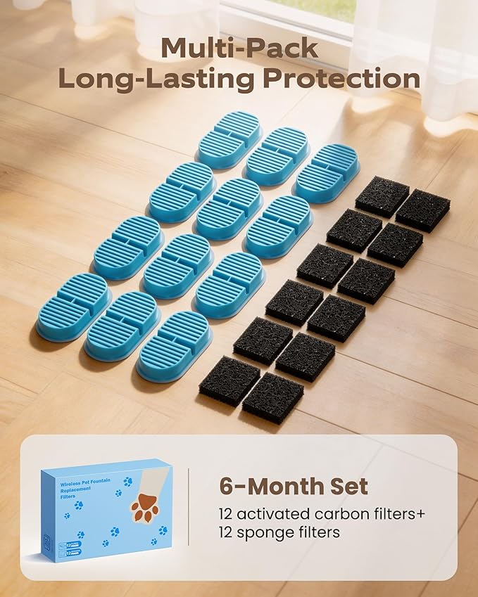 Cat Fountain Filter Replacement: Wireless Pet Water Fountain Filters - 24 Filters for Cordless Cat Drinking Fountain - 12 Pack Carbon Filters + 12 Pack Sponges Filters (6-Month Supply)