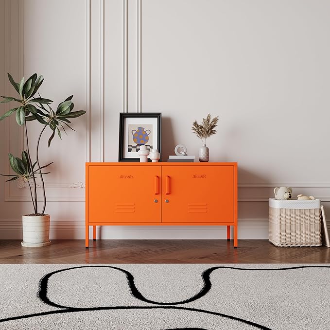 Orange Metal Storage Cabinet with Lock, 2-Door Wide Organizer, Adjustable Shelves, Multifunctional TV Stand & Entertainment Center for Bedroom, Living Room, 24" H x 39.4" W x 15" D