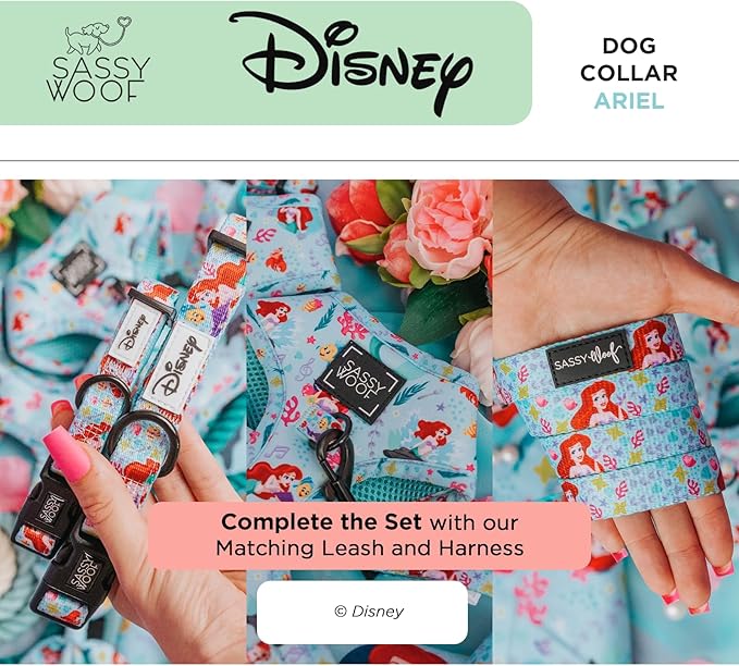 Sassy Woof Dog Collar Disney Princess Little Mermaid Ariel - L, Adjustable, Durable, Comfortable and Stylish Pet Accessories for Large Dogs - Officially Licensed