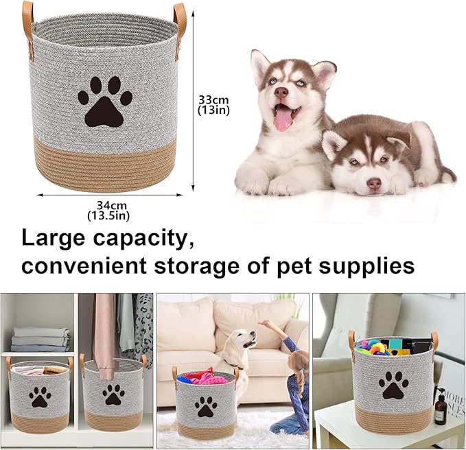 Cotton rope dog toy basket, puppy toy basket, puppy bins, laundry basket blanket storage bin - Perfect for organizing pet toys, blankets, leashes - Gray Beige