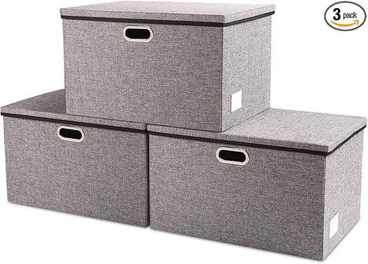 PRANDOM Extra Large Collapsible Storage Bins with Lids [3-Pack] Linen Fabric Foldable Storage Baskets Boxes Organizer Containers Cube with Cover for Bedroom Closet Office Nursery (22.8x15.75x13.8)