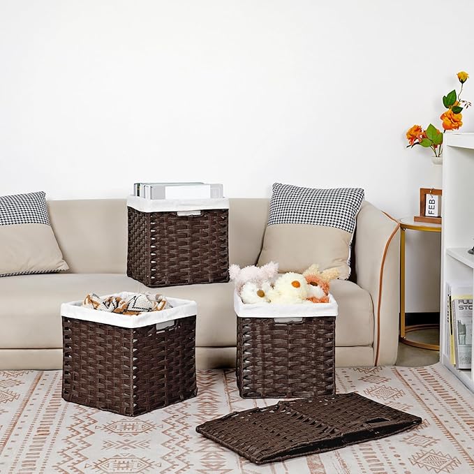 Bidtakay Wicker Cube Storage Bins with Liners 11x11 inch Woven Baskets for Organizing 4-Pack Waterproof Imitation Rattan Woven Cube Organizer with Handles for Pantry-Reddish Brown