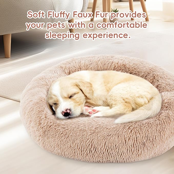 FluffyDream 24 Inch Donut Bed for Dogs, Calming, Brown, Washable, Plush Fur Dog Cuddle Bed