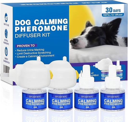 Dog Pheromones Calming Diffuser Anxiety Relief Calming Diffuser for Dog Reduce Aggression Stress Fighting Barking Chewing Pee Accidents & Separation Behaviors, 2 Plug in+4x48ml Refill