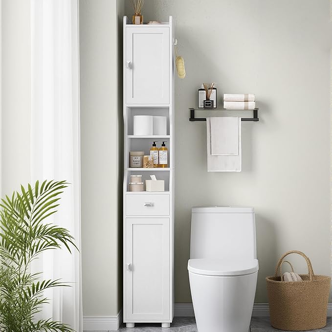 Bathroom Storage Cabinet, Tall Bathroom Cabinet, Freestanding Floor Cabinets with 2 Doors and 1 Drawer, Toilets Organizer with Adjustable Shelf, 1 Hook for Living Room, Kitchen, White 480013X