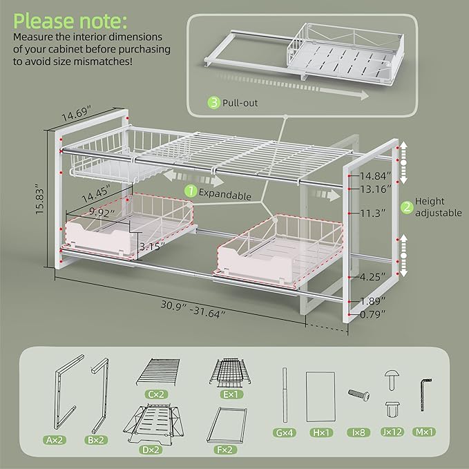 Under Sink Organizers and Storage,Kitchen Cabinet Organizer,2 Tier Under Sink Expandable Shelves，Bathroom Cabinet Organizer with Pull Out Drawers,(30.9-31.64)" W x 14.69" D x 15.83" H,White