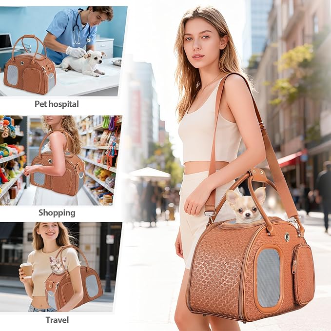 Dog Purse Carrier for Small Dogs, TSA Airline Approved Pet Tote Bag, Fashion Soft-Sided Puppy Carrier Purse with Pockets for Travel, Shopping, Daily Use (Brown, 16.1inch x 8.7inch x 12inch(LxWxH))