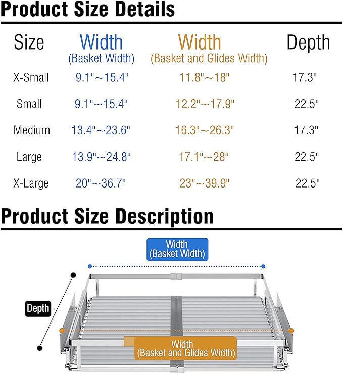2Pack Expandable Pull Out Cabinet Organizer, 17.1~28" W x 22.5" D Heavy Duty Slide Out Shelves Adjustable Height Cabinet Pull Out Shelves,Expandable Width Spice Rack Organizer for Kitchen