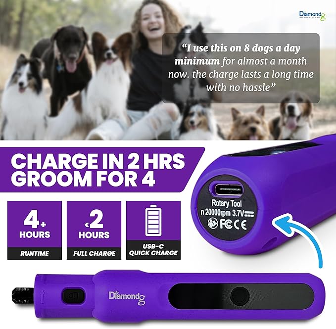 Diamondg Cordless Micro Dog Nail Grinder with Quiet Sound & LED Tip for Large & Small Dogs, 4hrs. Runtime - Electric Dog Nail Trimmer, Heavy Duty Rotary Tool Alternative to Toenail Clippers & Filers