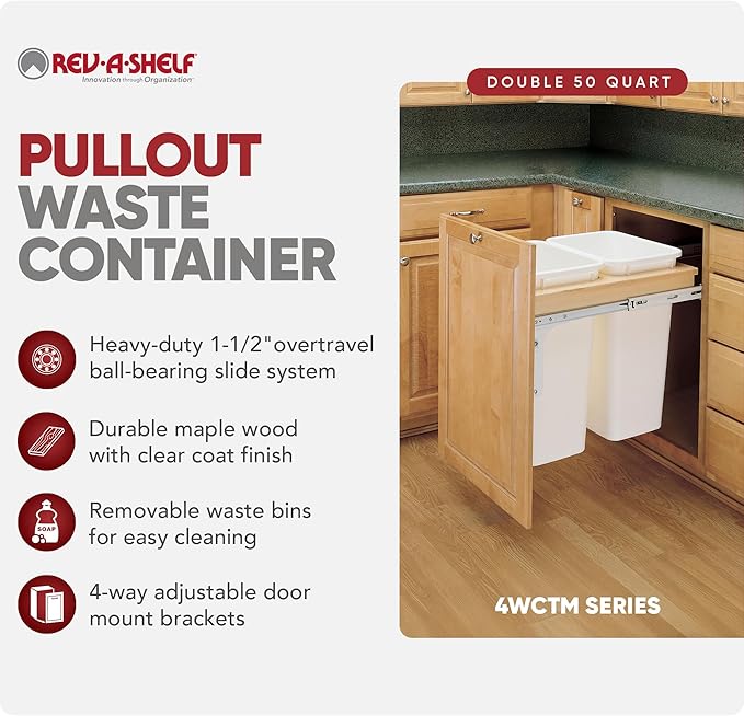 Rev-A-Shelf Top Mount Double Pullout Under Cabinet 50 Quart Kitchen Trash Cans for Full Height Cabinet, 150 Pound Rated Full-Extension Slides, 4WCTM-2150DM-2
