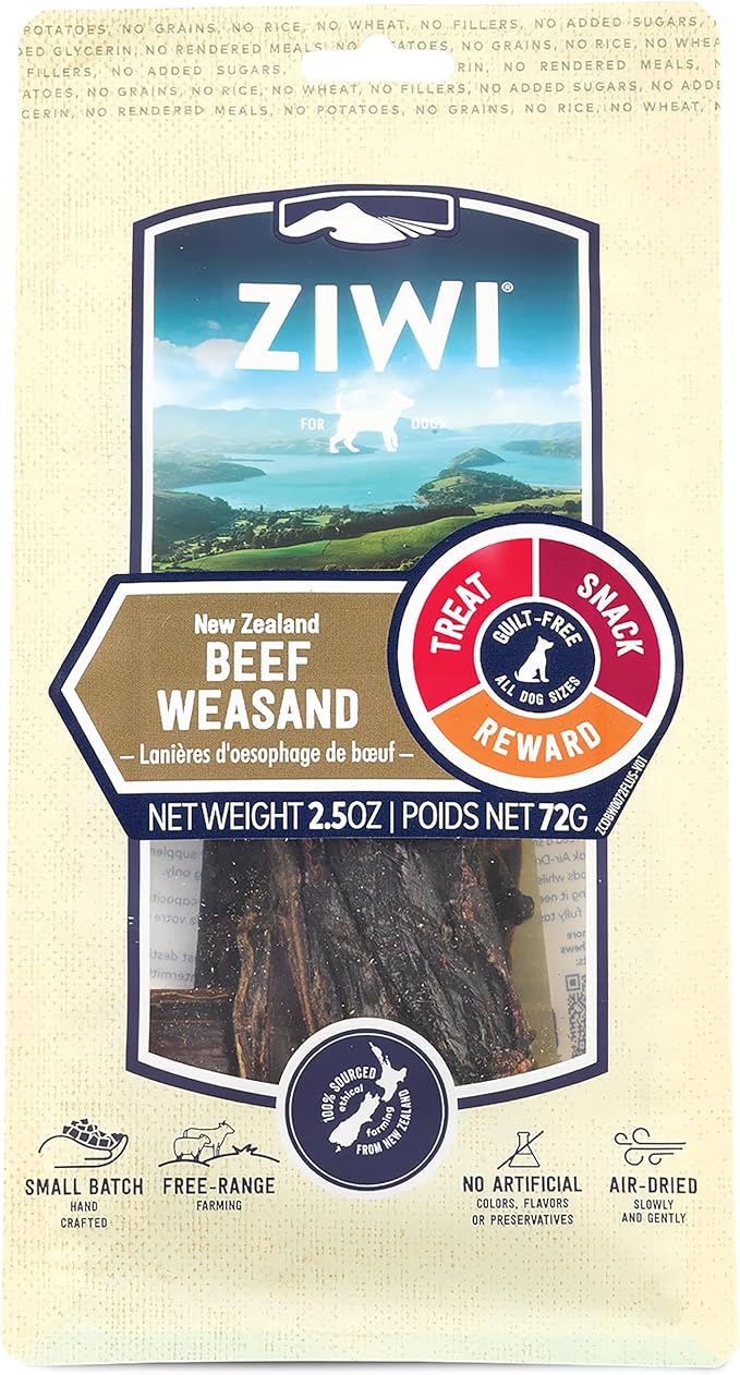 ZIWI Dog Chews and Treats – Beef Weasand - All Natural, Air-Dried, Single Protein, Grain-Free, High-Value Treat, Snack, Reward 2.5 Ounce (Pack of 1)