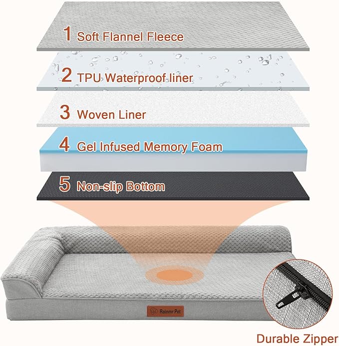 Orthopedic Dog Beds Large Sized Dog, 44x32x6 Inches Memory Foam Pet Bed for Large Dogs, Washable Removable Cover, Nonskid Bottom, Waterproof, Light Grey