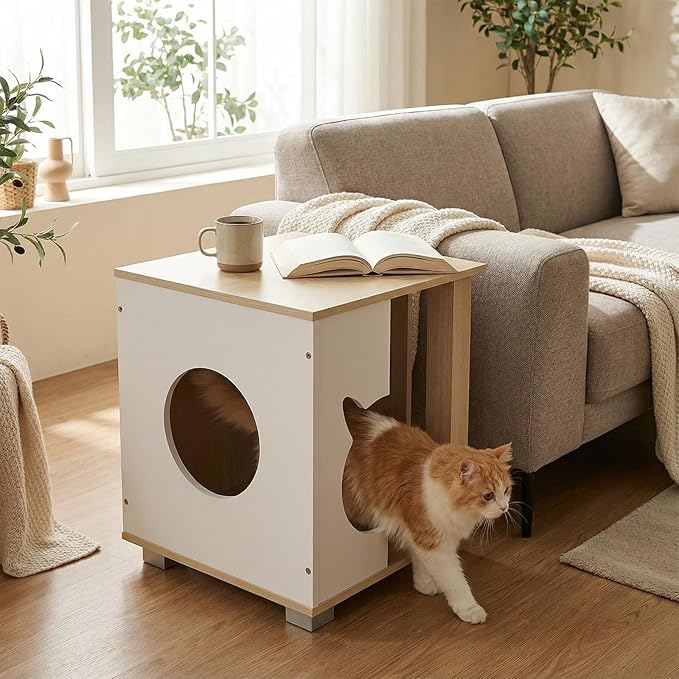 PETSITE Wooden Cat House, Indoor Cat Cave Nightstand Side End Table with Anti-Slip Robust Metal Legs, Spacious Tabletop, and Round Side Entrance, 17 x 16 x 19.5 Inches