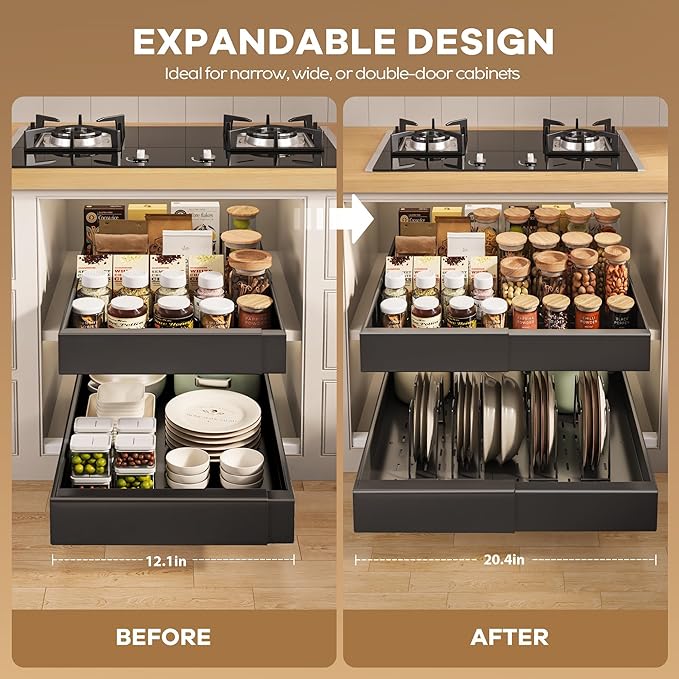 6 Pack Pull out Cabinet Organizer 21"Deep with Raising Pad for Framed Cabinets, Expandable Slide out Drawers for Kitchen Cabinets with 6pcs Divider Racks, Roll out Shelves 12.1"-20.4" W Black