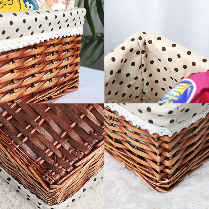 Multipurpose Rectangular Wicker Storage Baskets with Removable Washable Liner - Willow Woven Containers for Kitchen Food, Bathroom Towel, Home Sundries Organizer and Garden