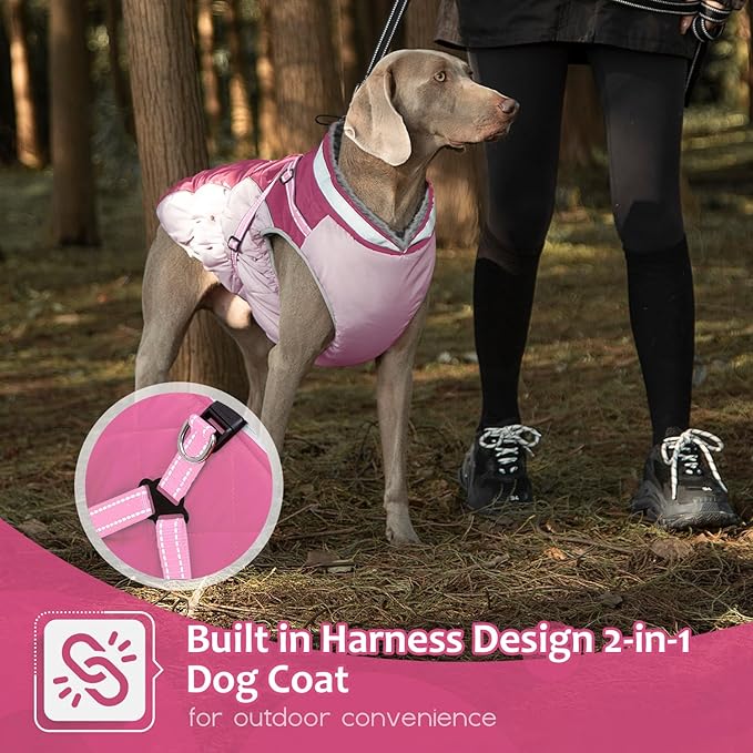 Dog Winter Coat with Harness, Dog Jacket, Pet Clothes with Zipper on Back, Waterproof Windproof Warm Vest, Reflective Cold Weather Coats, for Small Medium Large Dogs, Thick, Pink, 3XL