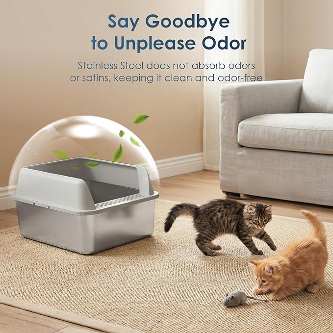 17.3"x13.4"x15" Stainless Steel Cat Litter Box with Lid, 6" High Kitty Litter Box for Kittens & Small Pets, Semi-Enclosed Metal Litter Box for Leak Proof, Easy-Clean Non-Stick, Odor Control