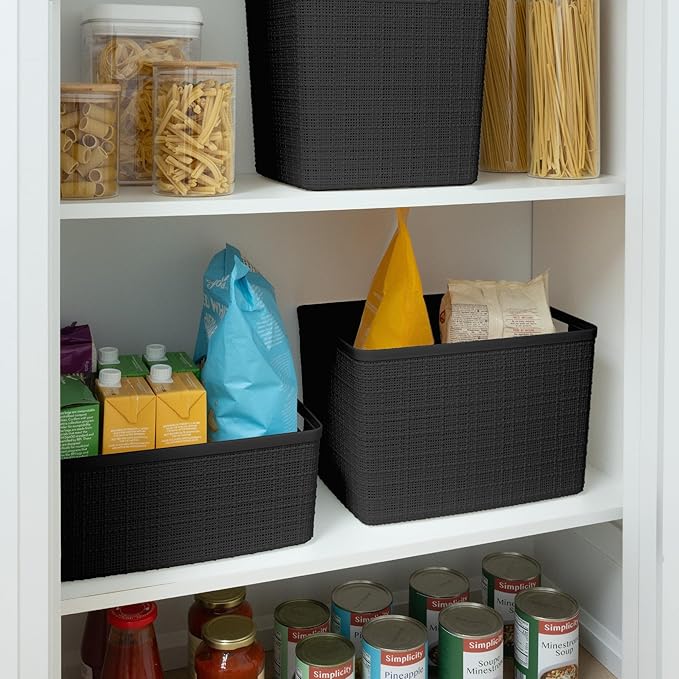Curver Set of 4 Large 20L Jute Decorative Plastic Organization and Storage Baskets - Perfect Bins for Home Office, Closet Shelves, Kitchen Pantry and All Bedroom Essentials, Black