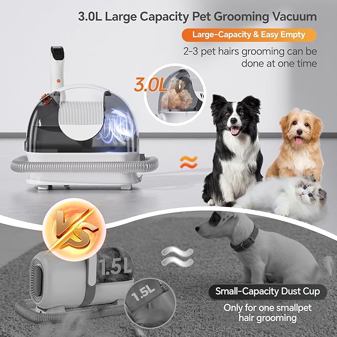 Pet Grooming Kit, Professional Dog Clippers Vacuum Suction 99% Hair, 3L Large Dust Cup Dog Grooming Vacuum for Shedding with 5 Pet Grooming Tools, Low Noise Pet Grooming Supplies (White)