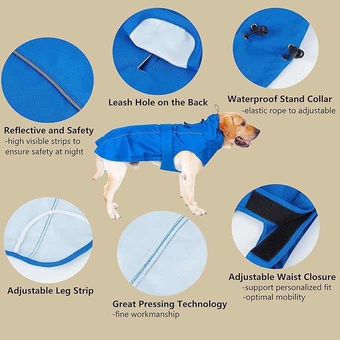 Adjustable Waterproof Dog Raincoat for Dogs,Lightweight Pet Rain Jacket Puppy Clothes with Reflective Strip for Small Medium Large Dogs (Blue, Large)