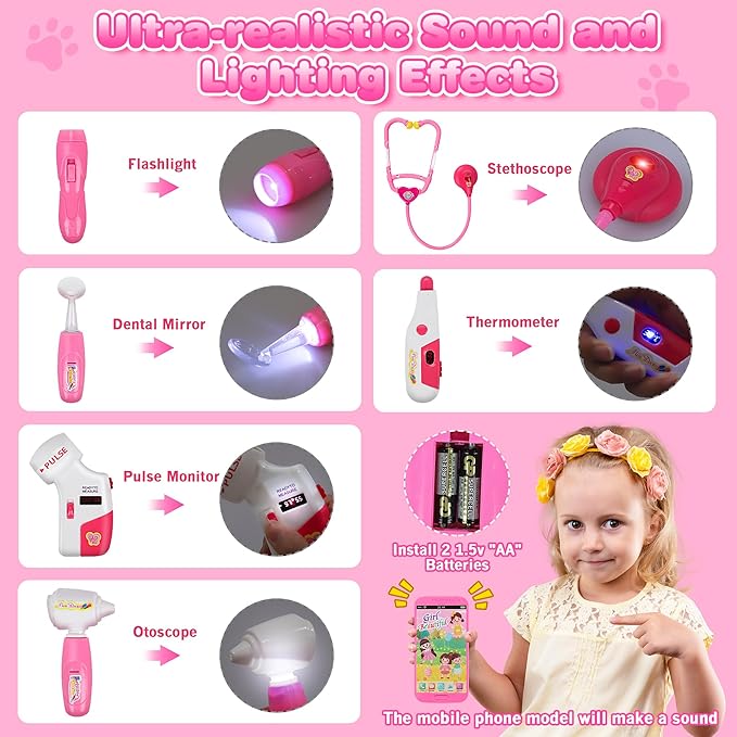 33Pcs Pet Doctor Kit for Toddlers - Dress Up Costume & Pretend Doctor Play Set with Cat Toy, Stethoscope, Portable Pet Vet Roleplay Toy, Christmas Birthday Gifts for Ages 3 4 5 6-8 Year Old Boys Girls