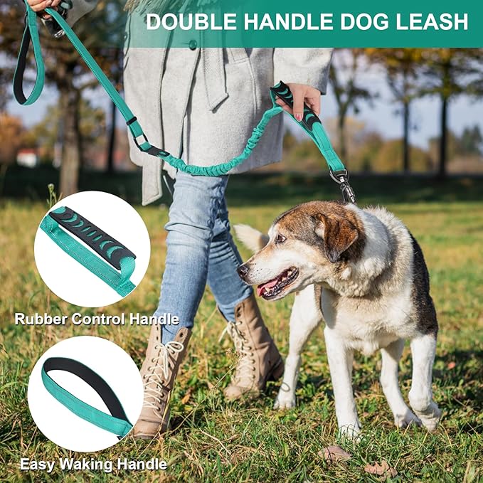 Heavy Duty Dog Leash for Medium Large Dogs That Pull,4-6FT Shock Absorbing Bungee Tactical Dog Leash with Control Padded Handle and Car Seatbelt, Reflective Lead for Walking Training,Teal