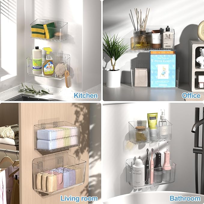 BasicForm 2 Pack Cabinet Door Organizer Bins, Adhesive Wall Mounted Clear Storage Caddy, Stackable PET Baskets for Kitchen Cabinets, Bathroom, Pantry, RV, and Office Organization