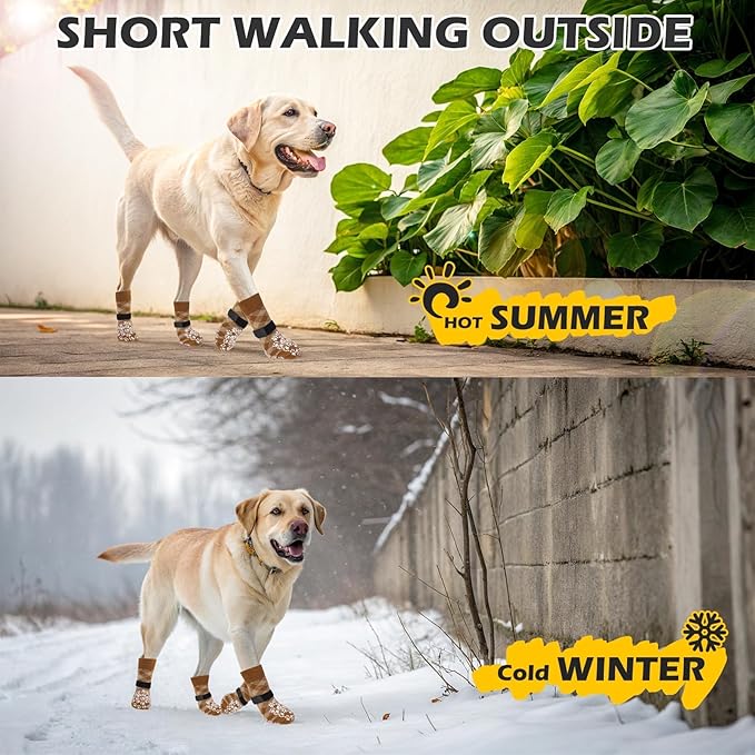 EXPAWLORER Dog Socks for Cold Winter Snow to Prevent Licking Paws, Anti Slip Doggie Booties Grippy Shoes for Hardwood Floors, Boots & Paw Protectors for Small Medium Large Senior Dogs Khaki L