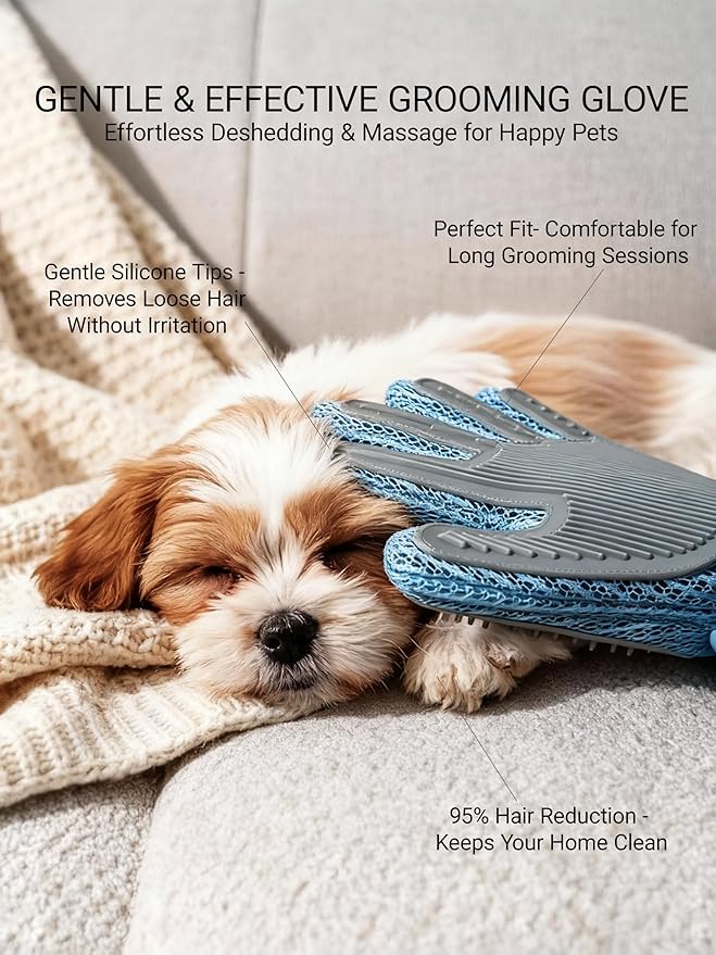 Gentle Pet Grooming Gloves - Efficient Cat & Dog Brush for Shedding - Hair Remover and Deshedding Tool for Long or Short Haired Pets - Great for Bathing & Massage