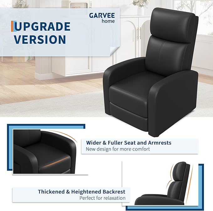 Garvee Recliner Chair for Adults, PU Leather Lazy Recliner Ergonomic Adjustable Single Sofa Enhanced with Side Pocket, Tall Back, Wide Arms & Padded Seat, Home Theater Seating for Living Room
