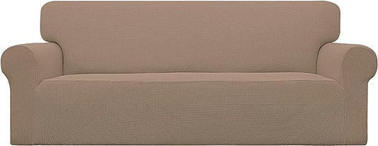 Easy-Going Stretch Oversized Sofa Slipcover 1-Piece Sofa Cover Furniture Protector Couch Soft with Elastic Bottom for Kids, Polyester Spandex Jacquard Fabric Small Checks Camel