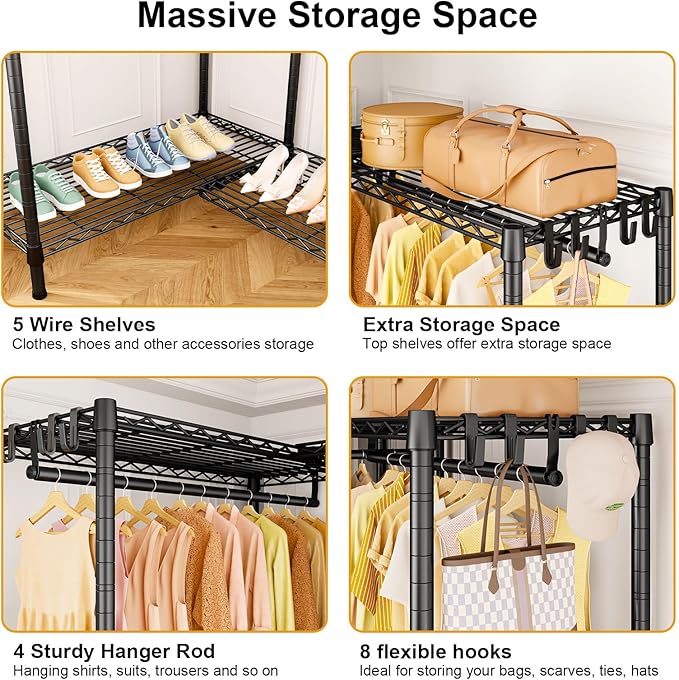 E15 Garment Rack L Shaped Clothes Rack for Corner，Freestanding Clothing Racks for Hanging Clothes，Heavy Duty Closet Organizer with 4 Hanging Rods & 8 S Hooks，43.3" W x 29.4" D x 78.4" H，Black