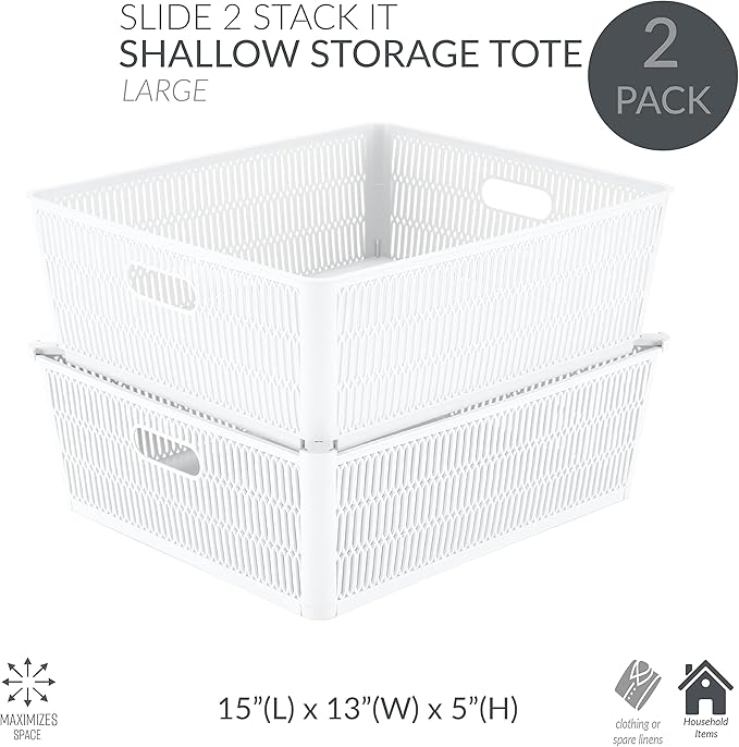 Simplify 4Pk Shallow Slide 2 Stack It Tote Basket | Storage & Organization | Open Bins with Stackable Capability | Bathroom | Crafts | Pantry | Playroom | Office | White