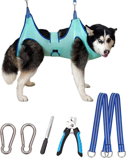 Dog Grooming Hammock Harness, Hanging Harness Holder for Nail Clipping, Nail Trimming Hammock with Wide Strap, Grooming Sling Hanger Restraint Bag for Claw Care (XX-Large 65 LB Max/Turquoise)