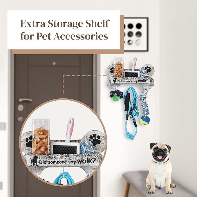 J JACKCUBE DESIGN Rustic White Bone Shape Wall Mounted Dog Leash Holder with 3 Key Holder Hooks and Extra Storage Compartment Box Shelf for Pet Treats, Accessories and more - MK679A
