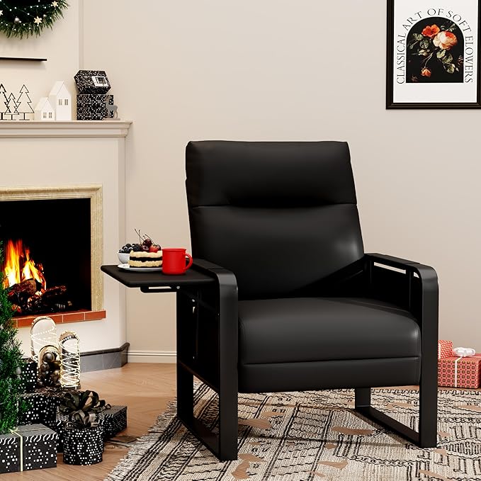 Modern Black Accent Chair PU Leather Upholstered Armchair with Tray Table for Bedroom Living Room Chairs Office Chair
