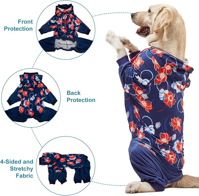 LovinPet Big Dogs Breeds Jammies, Wound Care/Post Surgery Clothes, Pet Anxiety Onesies for Dogs, Lightweight Stretchy,Large Breed Dog Pajamas,Reflective Stripe,Floral Navy & Red Print,Pet PJ's/Medium