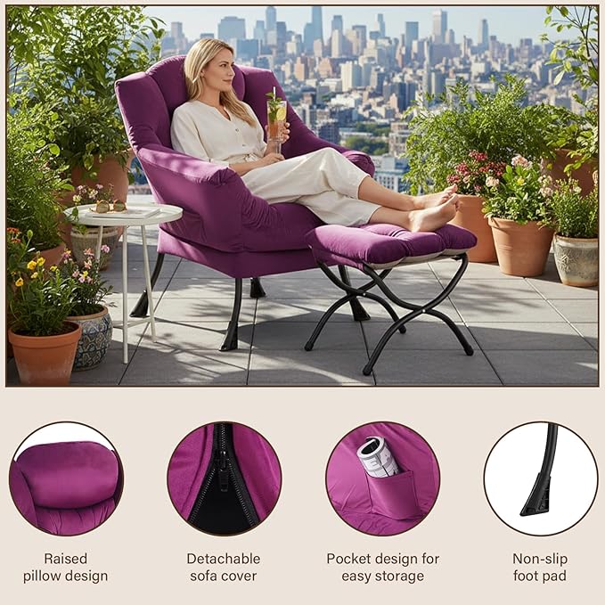 Welnow Lazy Chair with Ottoman, Modern Lounge Accent Chair with Armrests and a Side Pocket, Leisure Sofa Armchair Set, Reading Armchair with Footrest for Small Space, Dark Purple