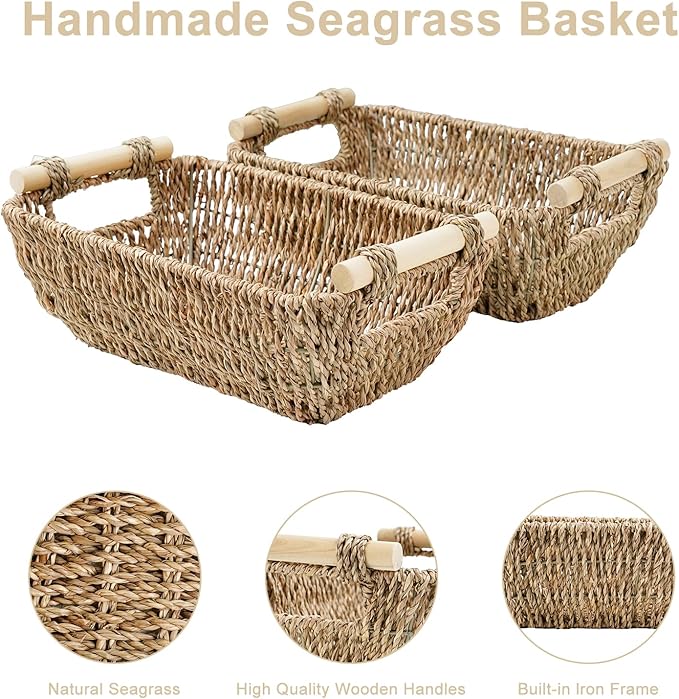 Small Wicker Baskets for Organizing, Hand Woven Seagrass Baskets with Wooden Handles, Decorative Woven Baskets for Storage, Pantry, Bathroom & Shelves, 2-Pack