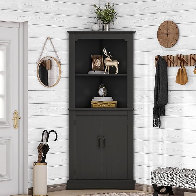 KEIKI 69.3" Corner Storage Cabinet with Round Edges, 2 Open Shelves and Door for Maximum Storage in Small Spaces, Stylish - Black